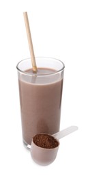 Delicious protein shake in glass and scoop with powder isolated on white