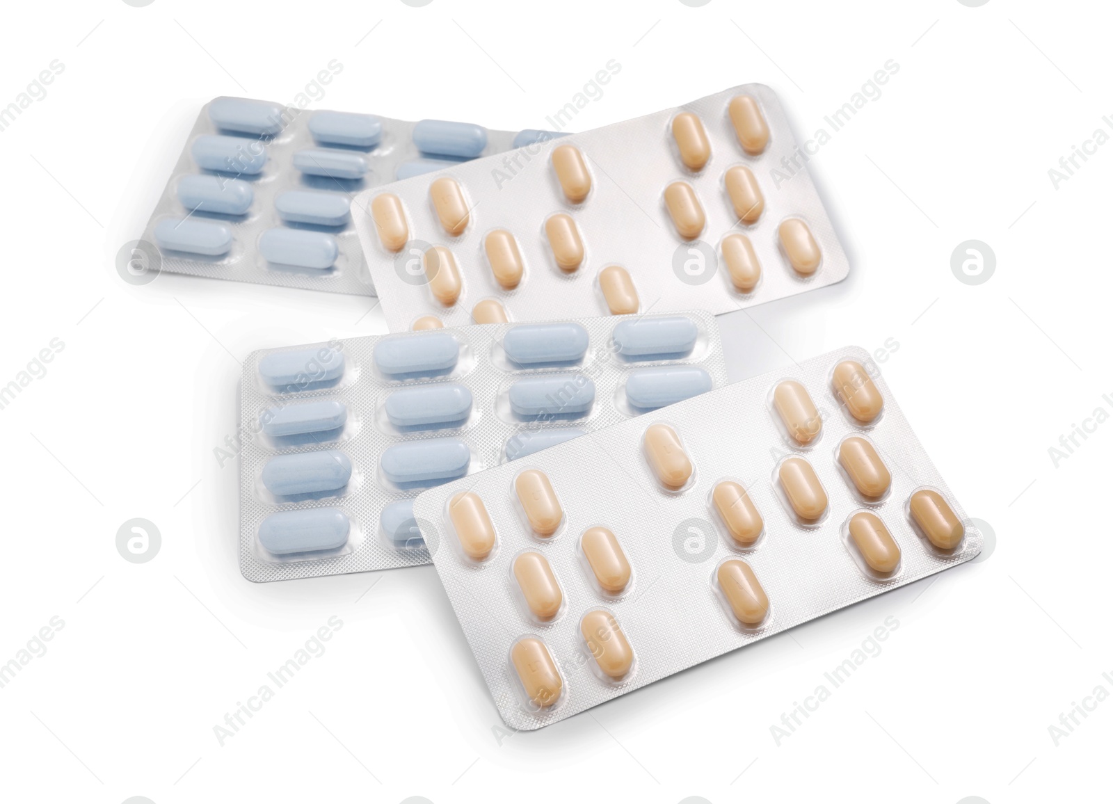 Photo of Different antibiotic pills in blisters isolated on white