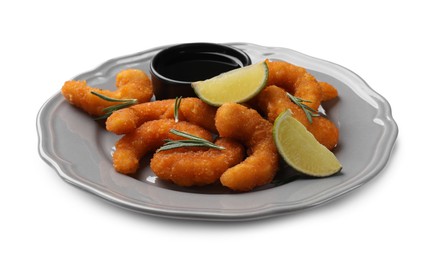 Delicious breaded fried shrimps, lime, rosemary and sauce isolated on white