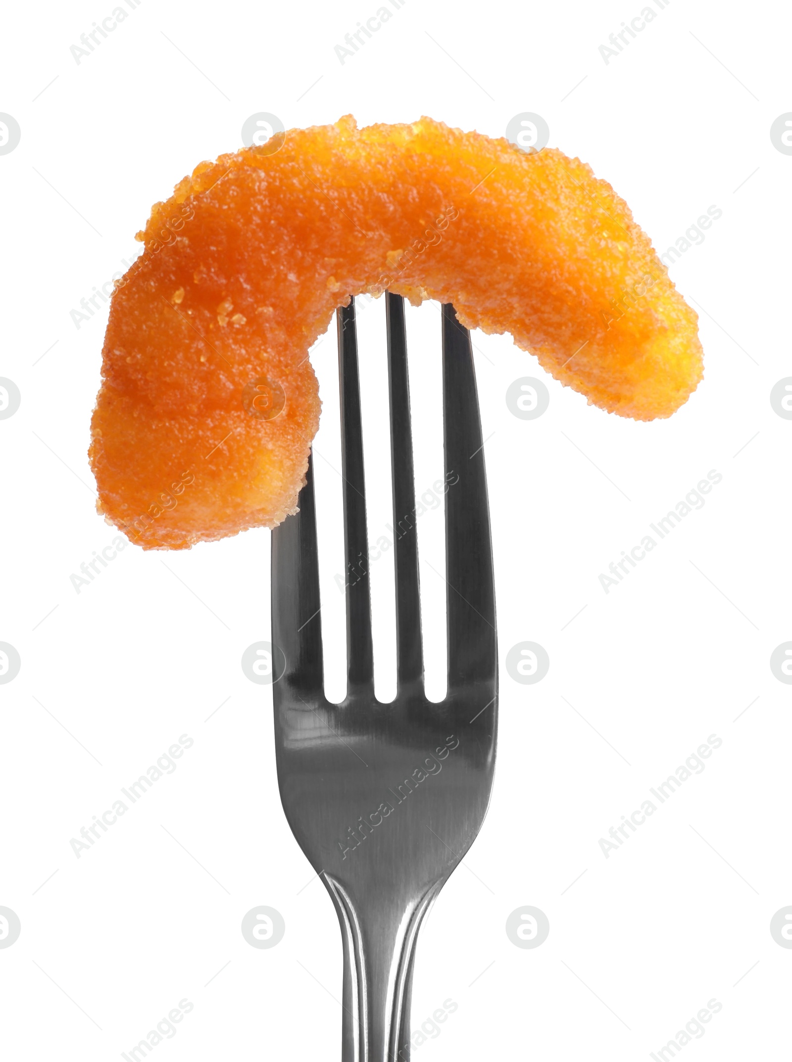 Photo of Fork with tasty fried shrimp isolated on white