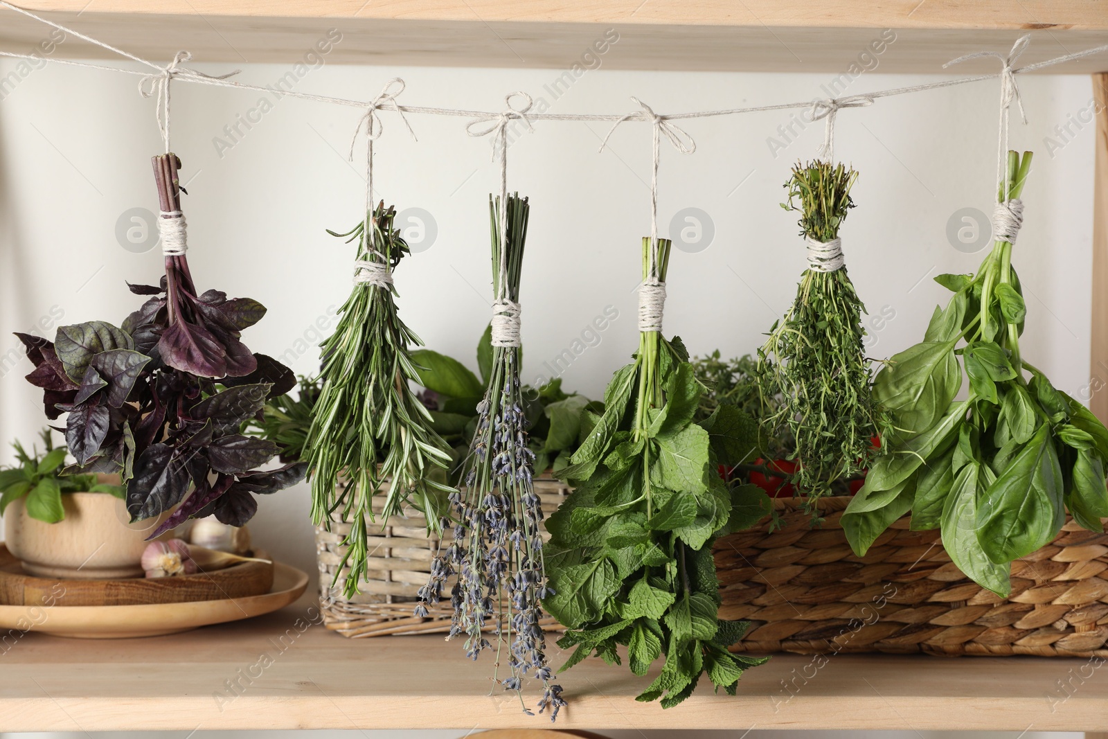 Photo of Bunches of different aromatic herbs hanging on rope indoors