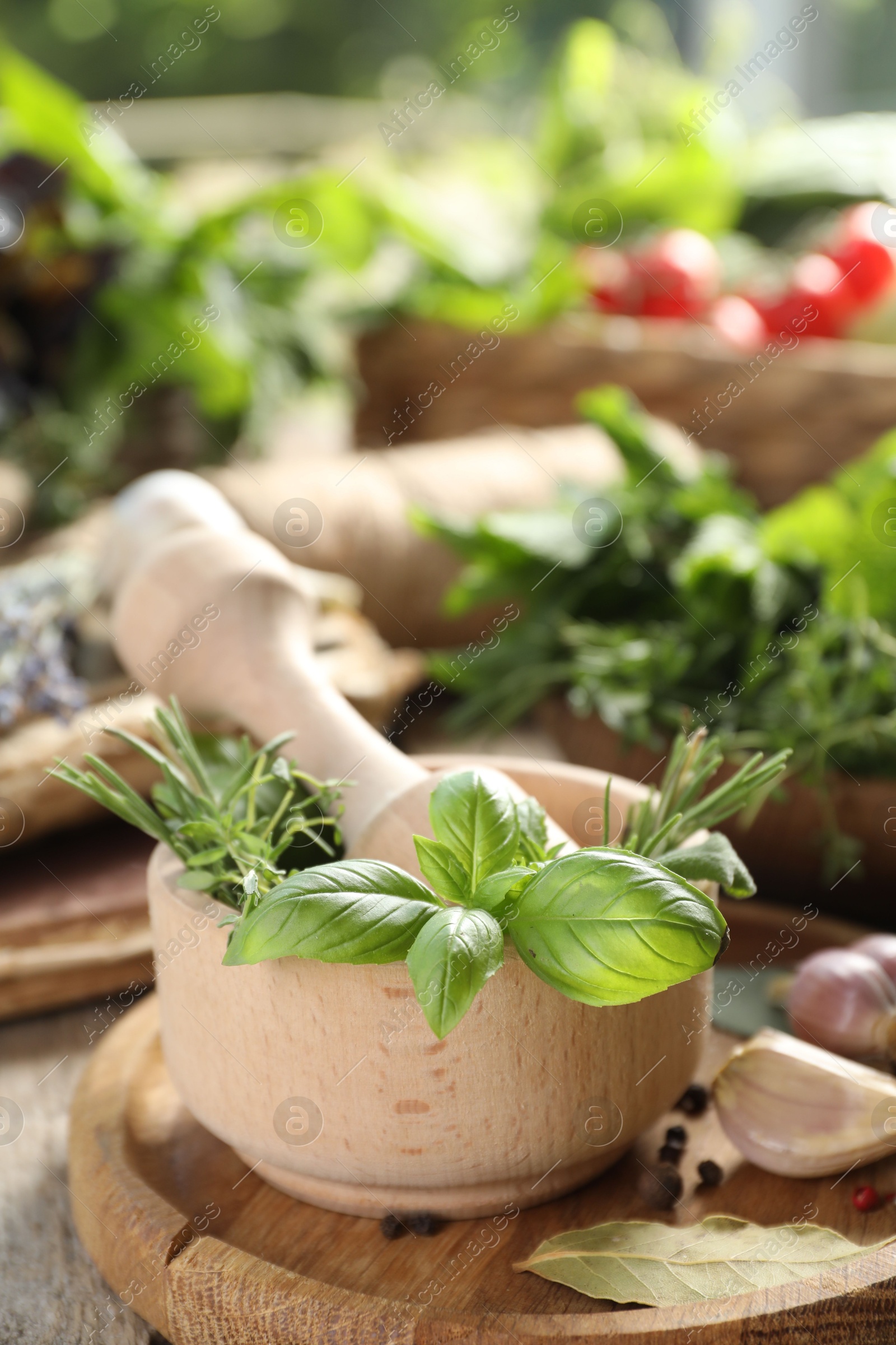 Photo of Different aromatic herbs, mortar with pestle and spices on wooden table, closeup