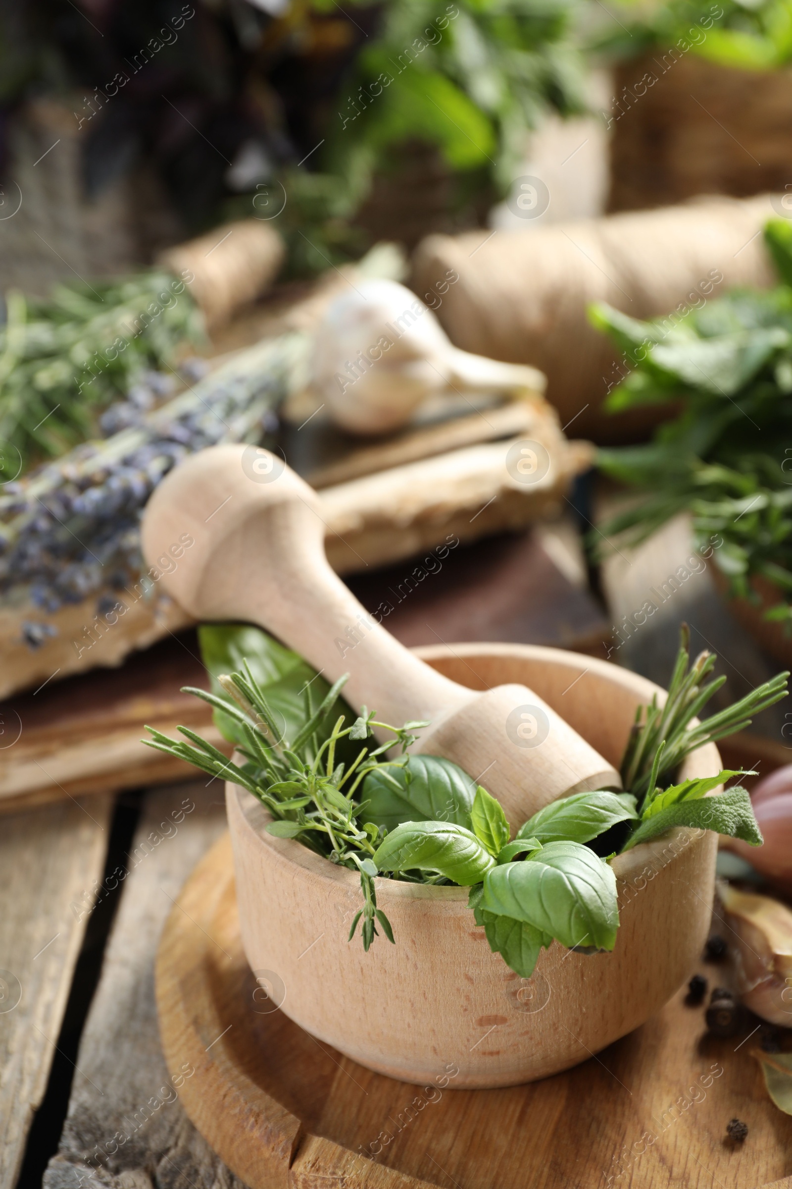 Photo of Different aromatic herbs, mortar with pestle and spices on wooden table, closeup