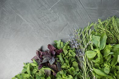 Photo of Different aromatic herbs on gray textured table, top view. Space for text