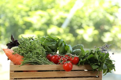 Photo of Different aromatic herbs and vegetables in wooden crate outdoors, closeup. Space for text