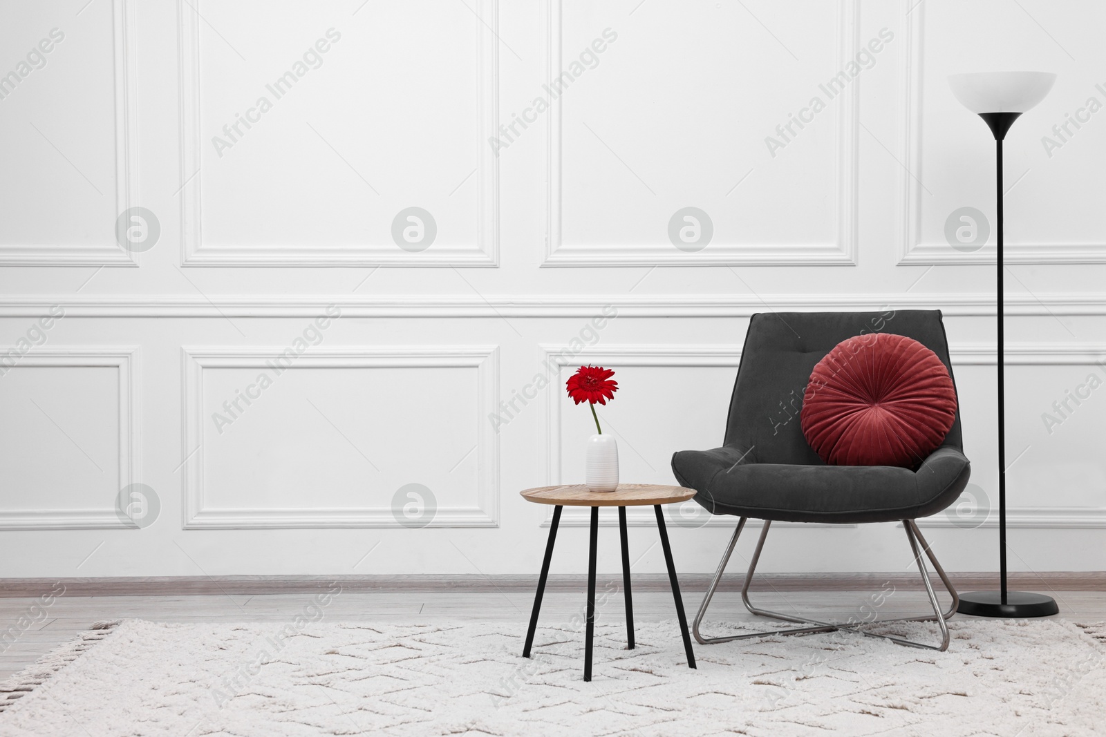 Photo of Beautiful interior with comfortable armchair and floor lamp, space for text