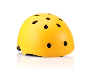 Photo of One yellow protective helmet on white background