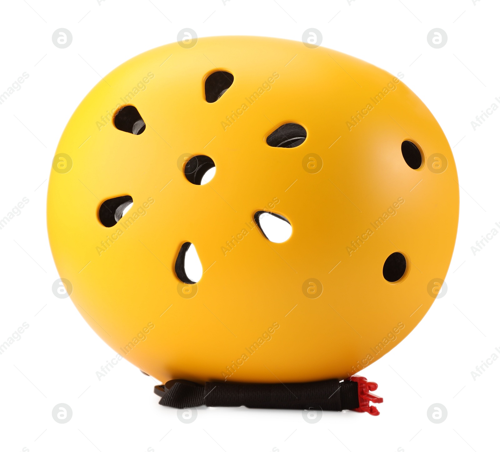 Photo of One yellow protective helmet on white background