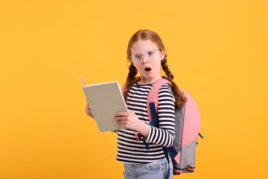 Photo of Surprised girl with book on yellow background