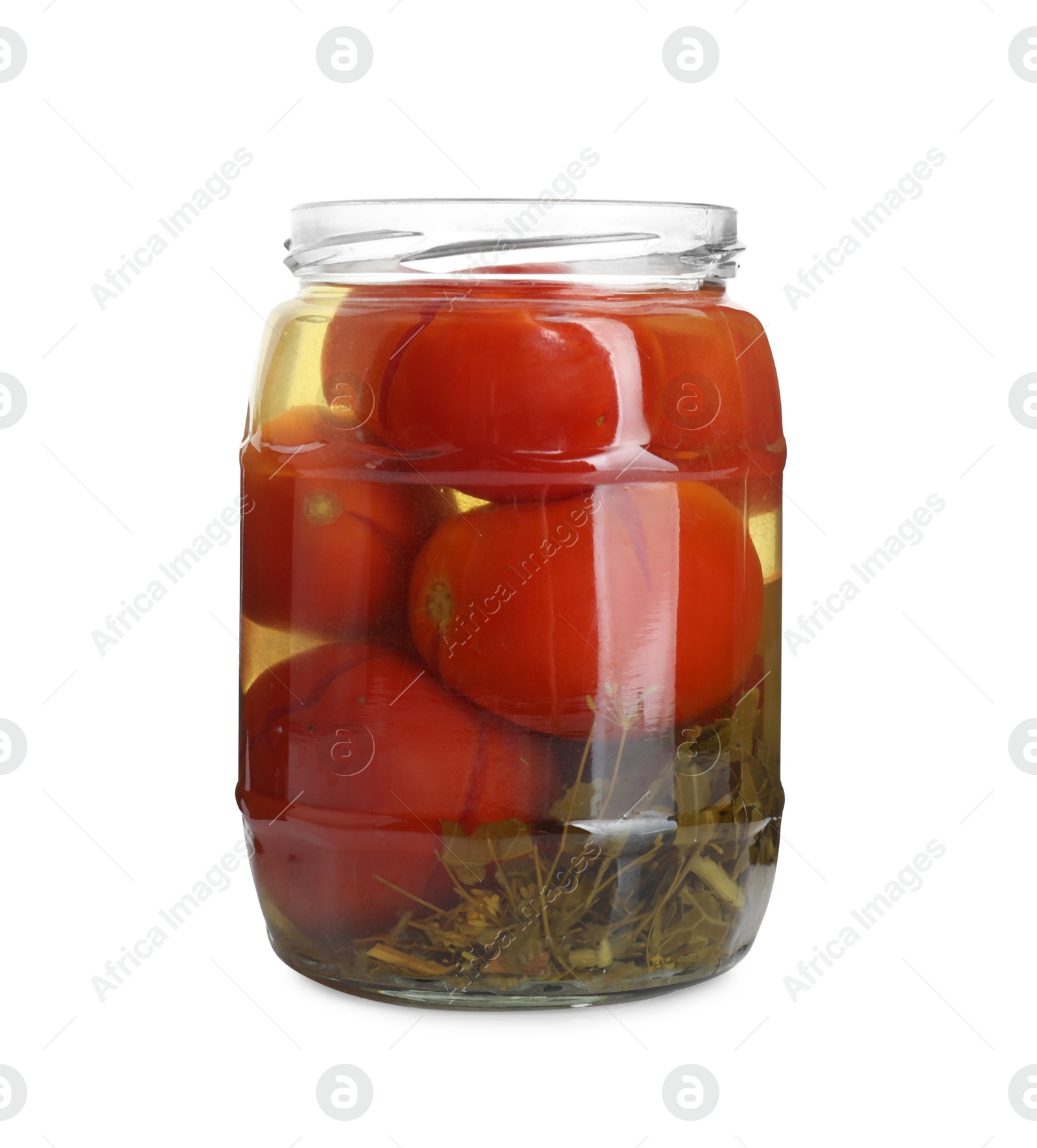 Photo of Tasty pickled tomatoes in jar isolated on white