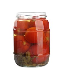 Photo of Tasty pickled tomatoes in jar isolated on white