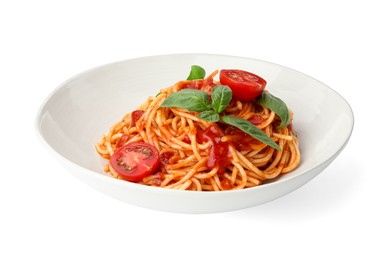 Delicious pasta with tomato sauce and basil in bowl isolated on white