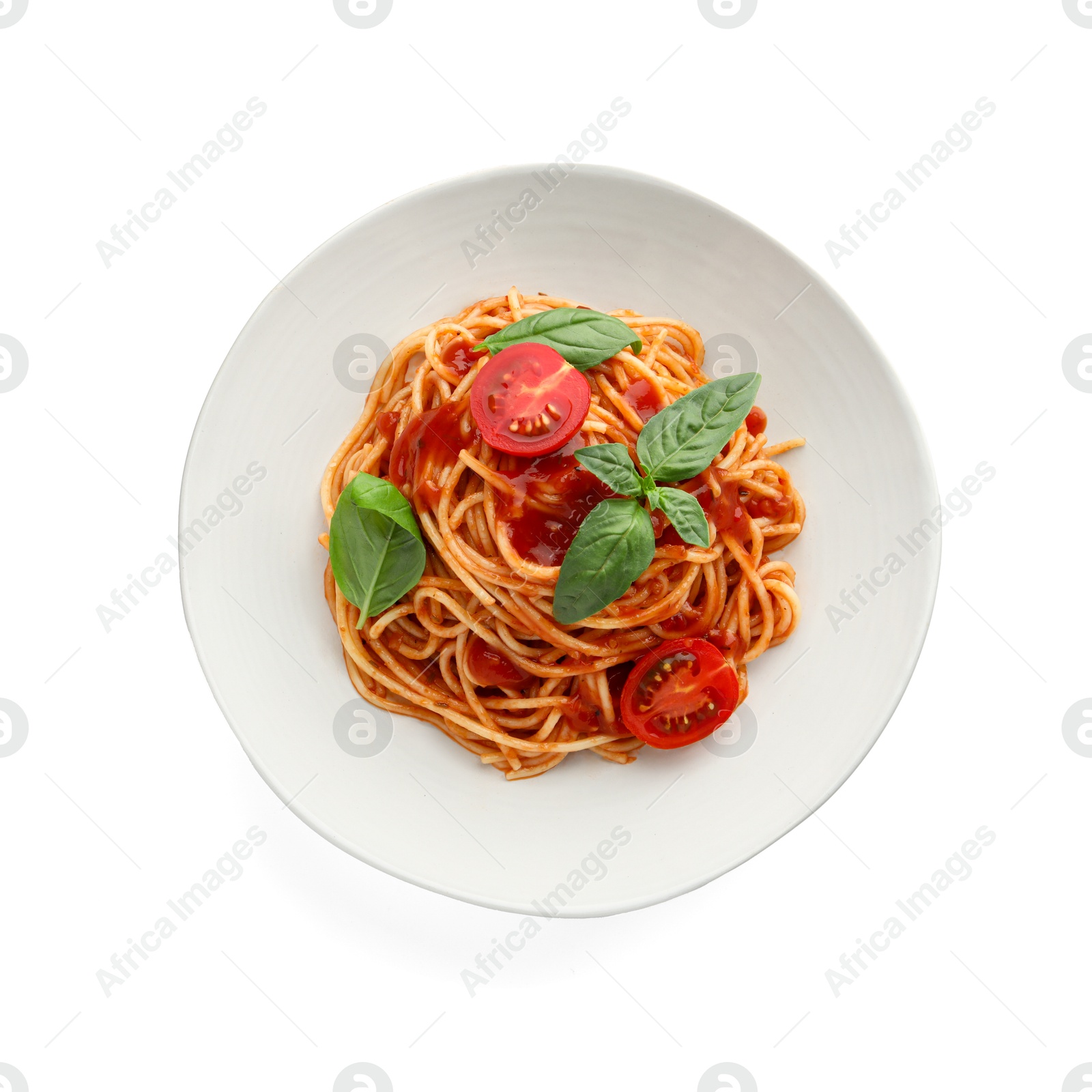 Photo of Delicious pasta with tomato sauce and basil in bowl isolated on white, top view