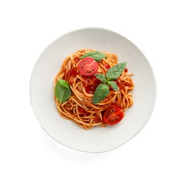 Photo of Delicious pasta with tomato sauce and basil in bowl isolated on white, top view