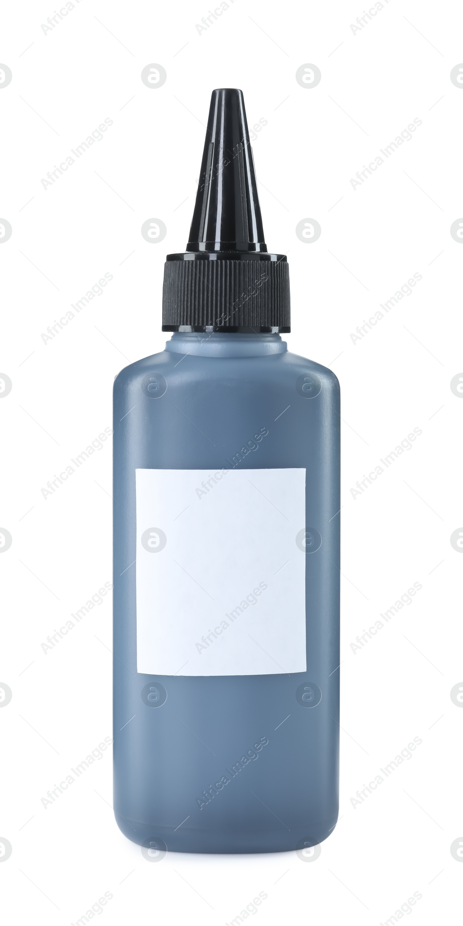 Photo of Bottle of black printer ink isolated on white