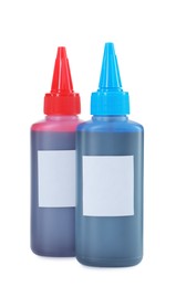 Bottles of different printer ink isolated on white