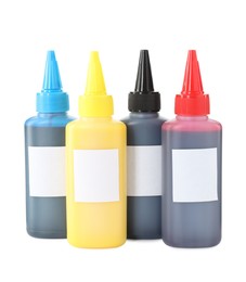 Bottles of different printer ink isolated on white