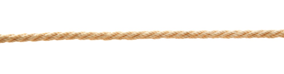 Photo of Hemp rope on white background. Organic material