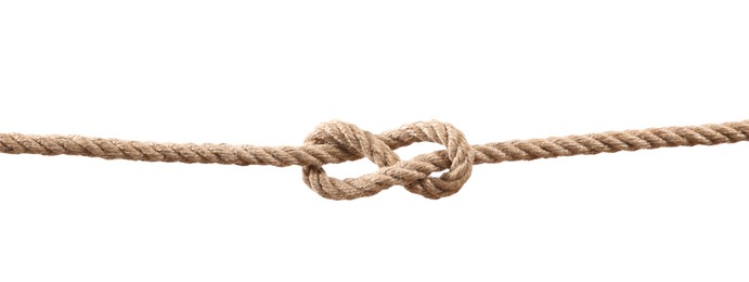 Photo of Hemp rope with knot on white background