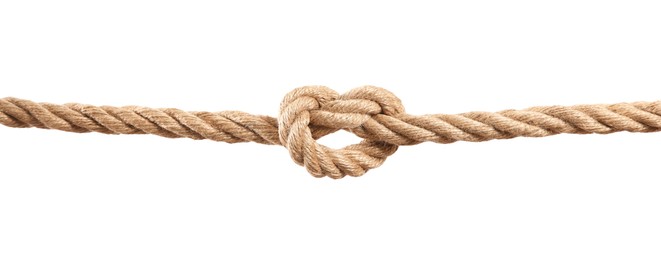 Photo of Hemp rope with knot on white background