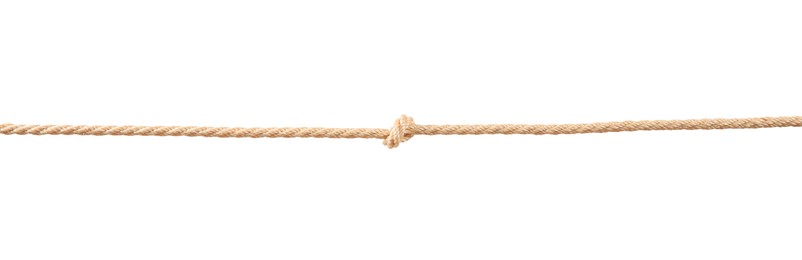 Photo of Hemp rope with knot on white background