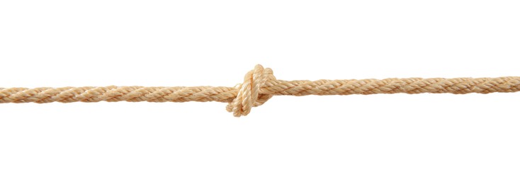 Photo of Hemp rope with knot on white background