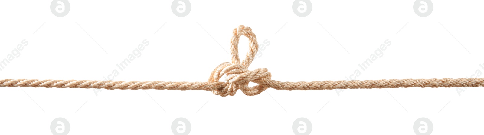 Photo of Hemp rope with knot on white background