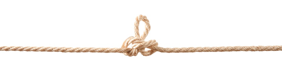 Hemp rope with knot on white background