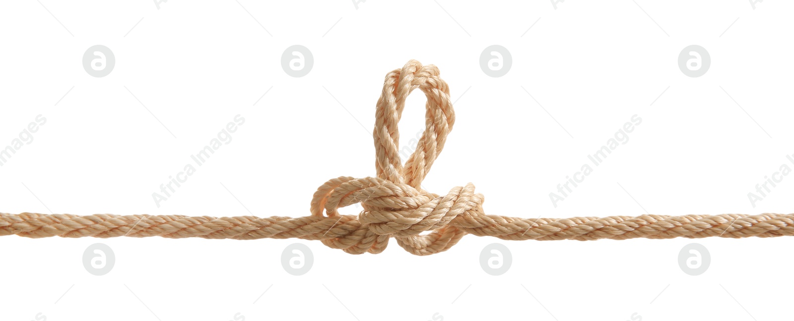 Photo of Hemp rope with knot on white background