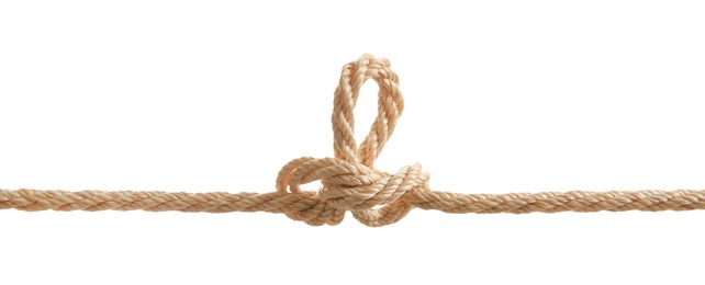 Photo of Hemp rope with knot on white background