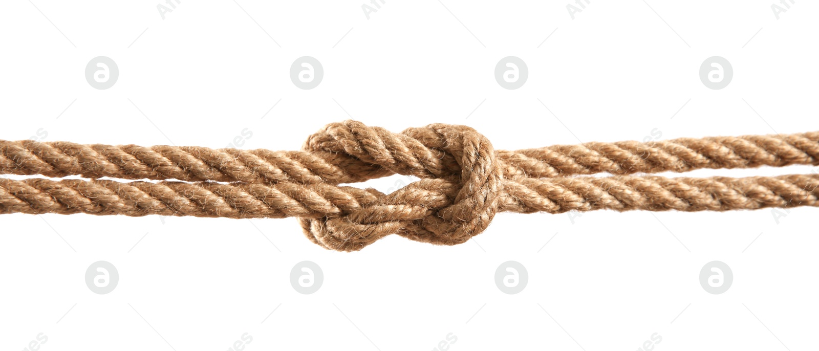 Photo of Hemp rope with square knot on white background