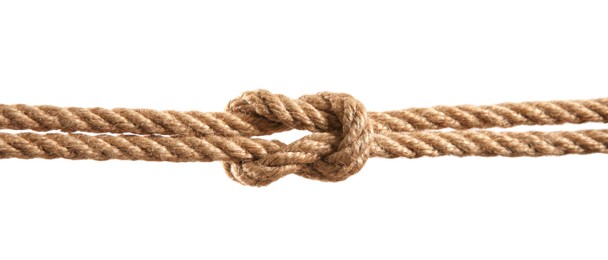 Photo of Hemp rope with square knot on white background