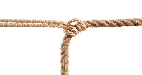 Photo of Hemp rope with knot on white background