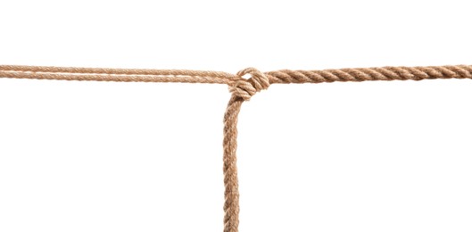 Photo of Hemp rope with knot on white background