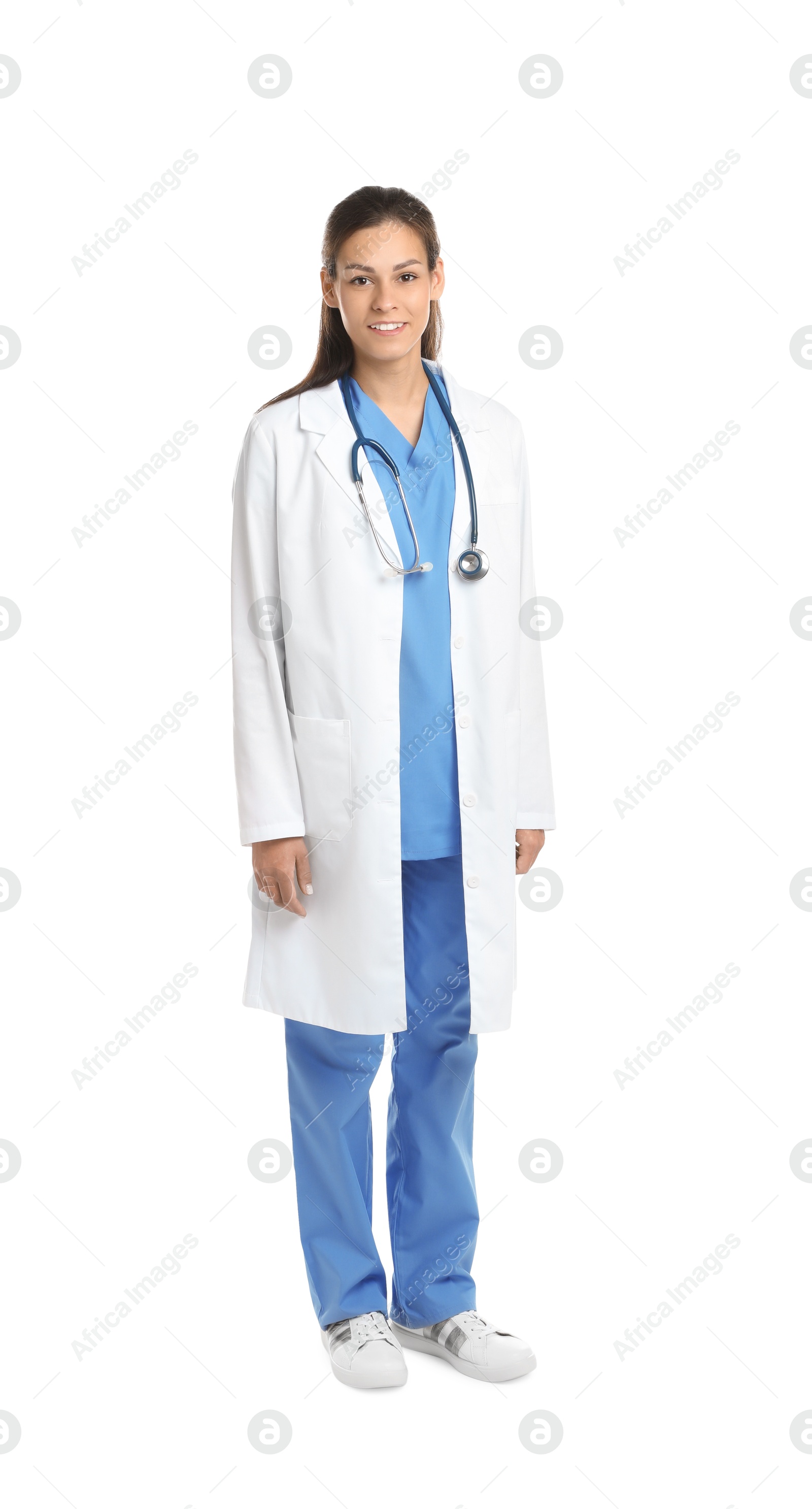 Photo of Smiling nurse with stethoscope on white background