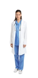 Photo of Beautiful nurse with stethoscope on white background