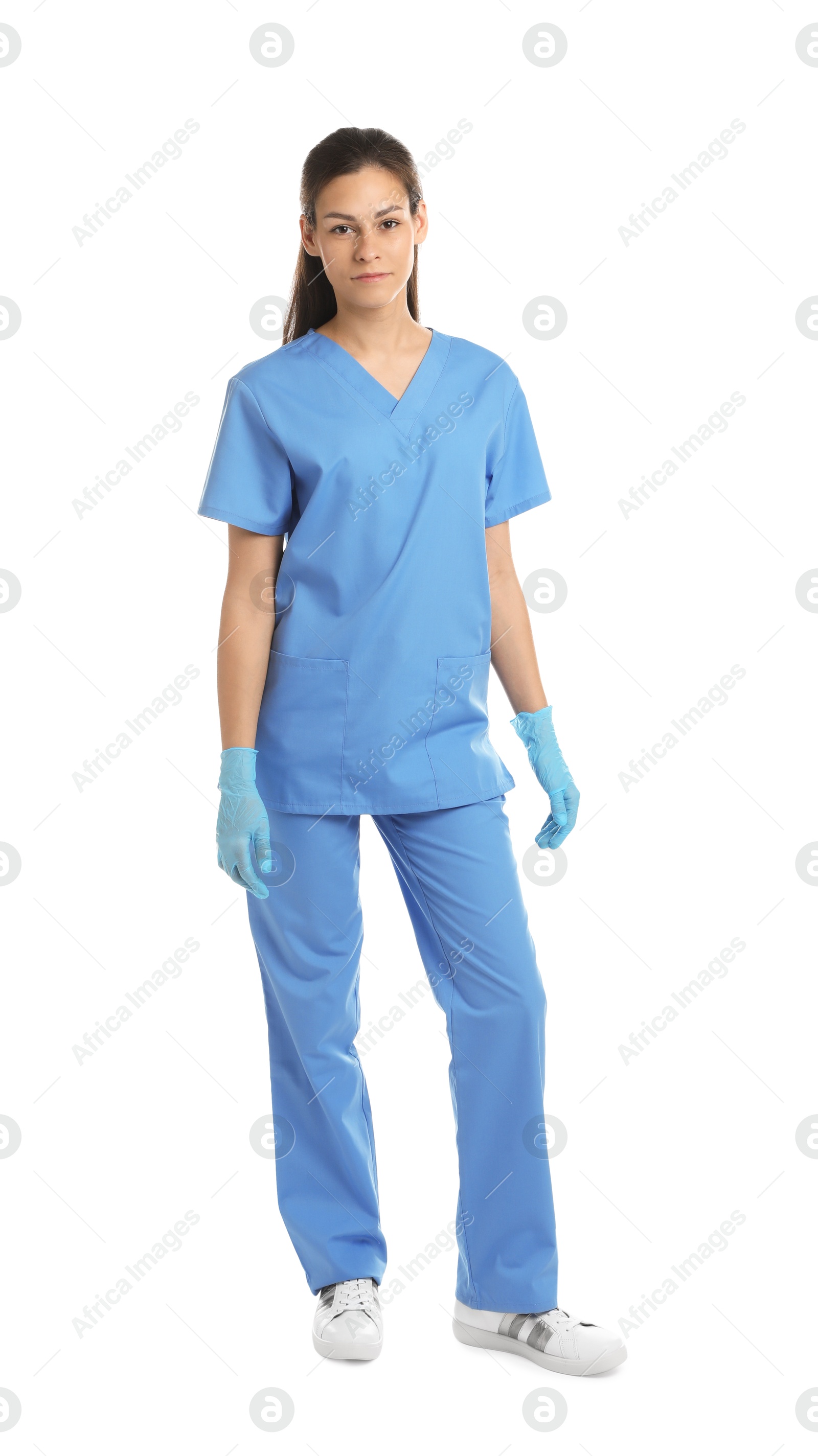 Photo of Beautiful nurse in medical gloves on white background