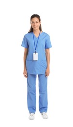 Photo of Smiling nurse in uniform on white background