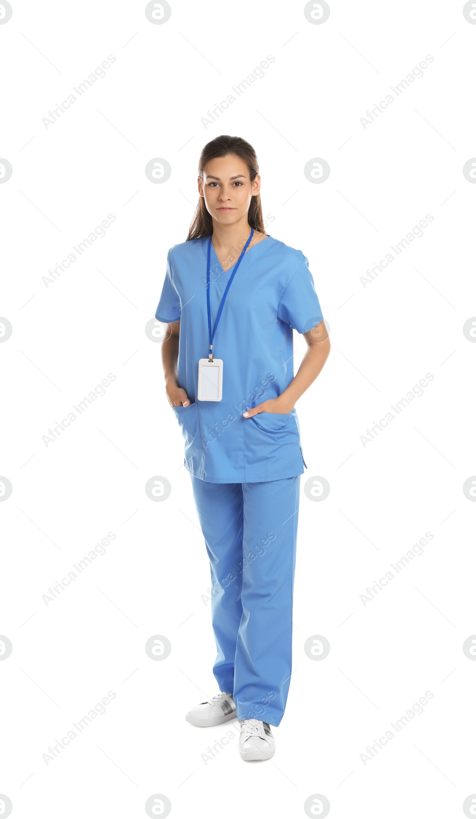 Photo of Beautiful nurse in uniform on white background