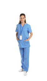 Photo of Beautiful nurse in uniform on white background