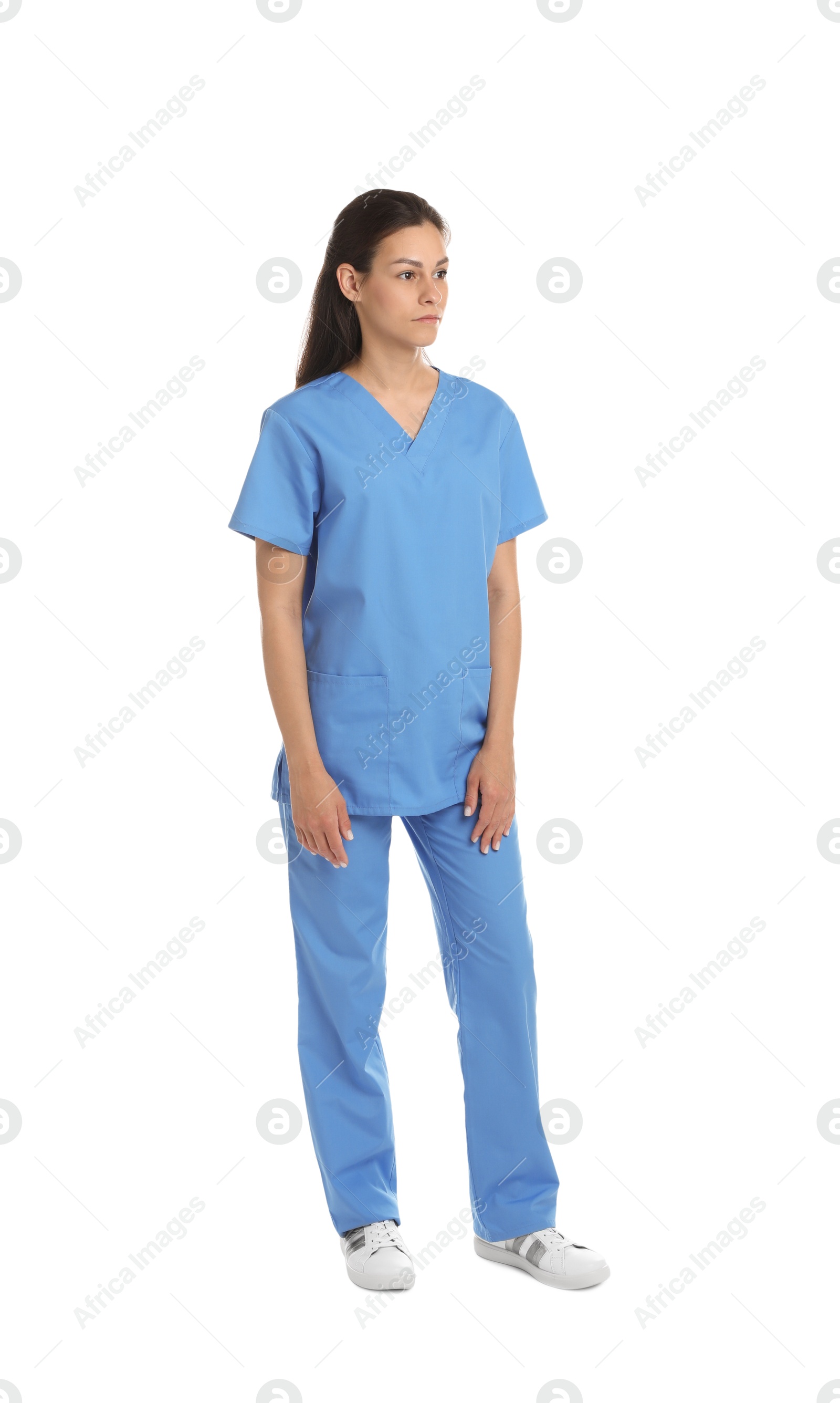 Photo of Beautiful nurse in uniform on white background