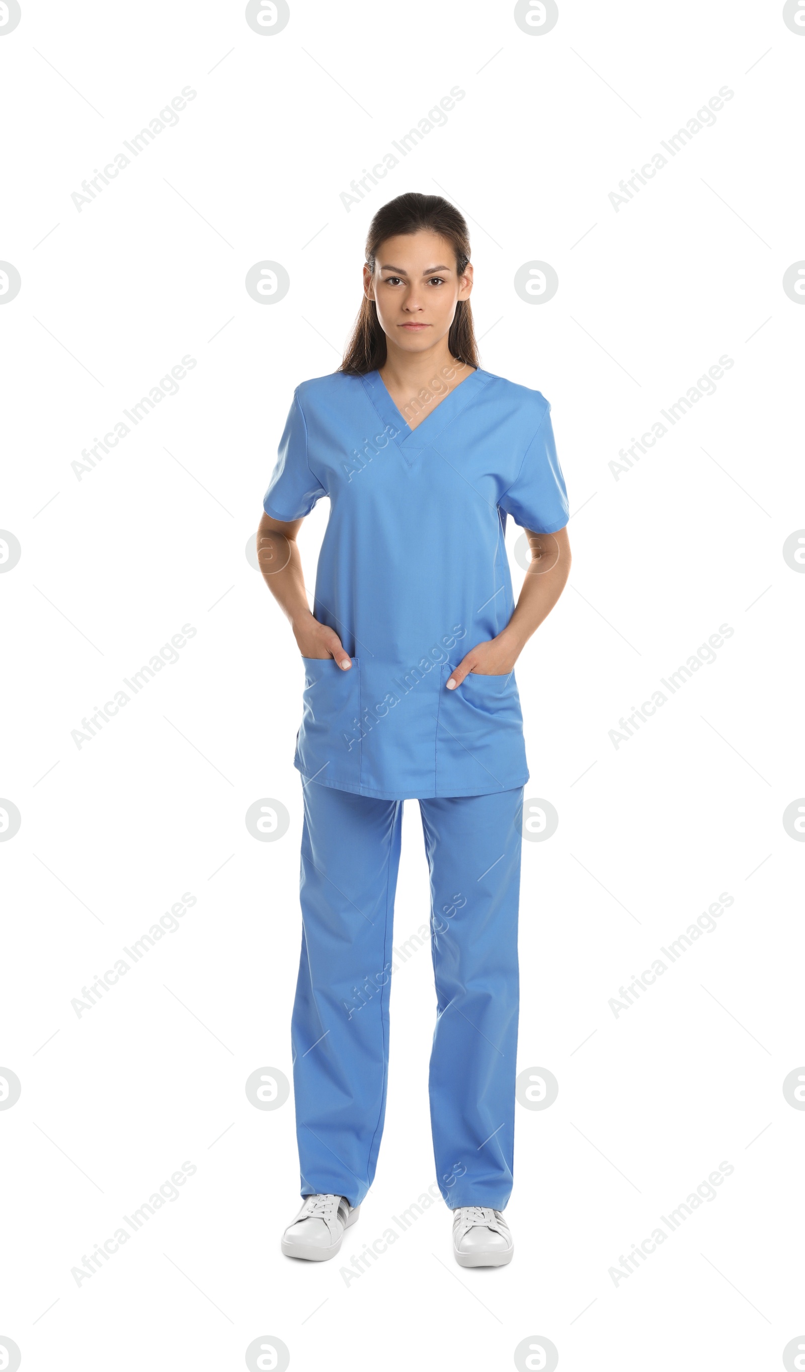 Photo of Beautiful nurse in uniform on white background