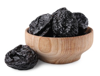 Photo of Tasty dried plums (prunes) in wooden bowl on white background