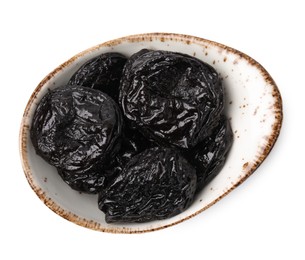 Photo of Tasty dried plums (prunes) on white background, top view