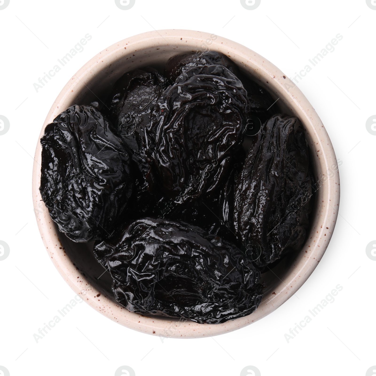 Photo of Tasty dried plums (prunes) in bowl on white background, top view