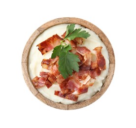 Photo of Fried bacon, mashed potato and parsley in bowl on white background, top view