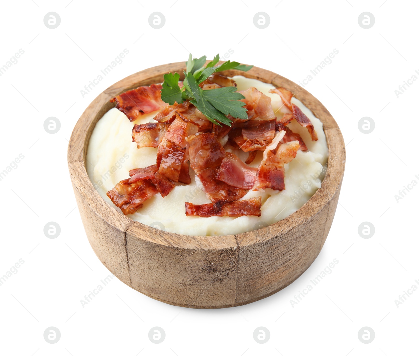 Photo of Fried bacon, mashed potato and parsley in bowl on white background