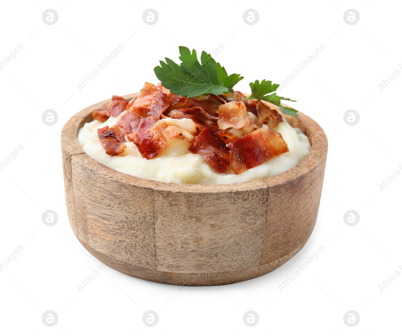 Photo of Fried bacon, mashed potato and parsley in bowl on white background