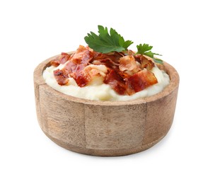 Fried bacon, mashed potato and parsley in bowl on white background