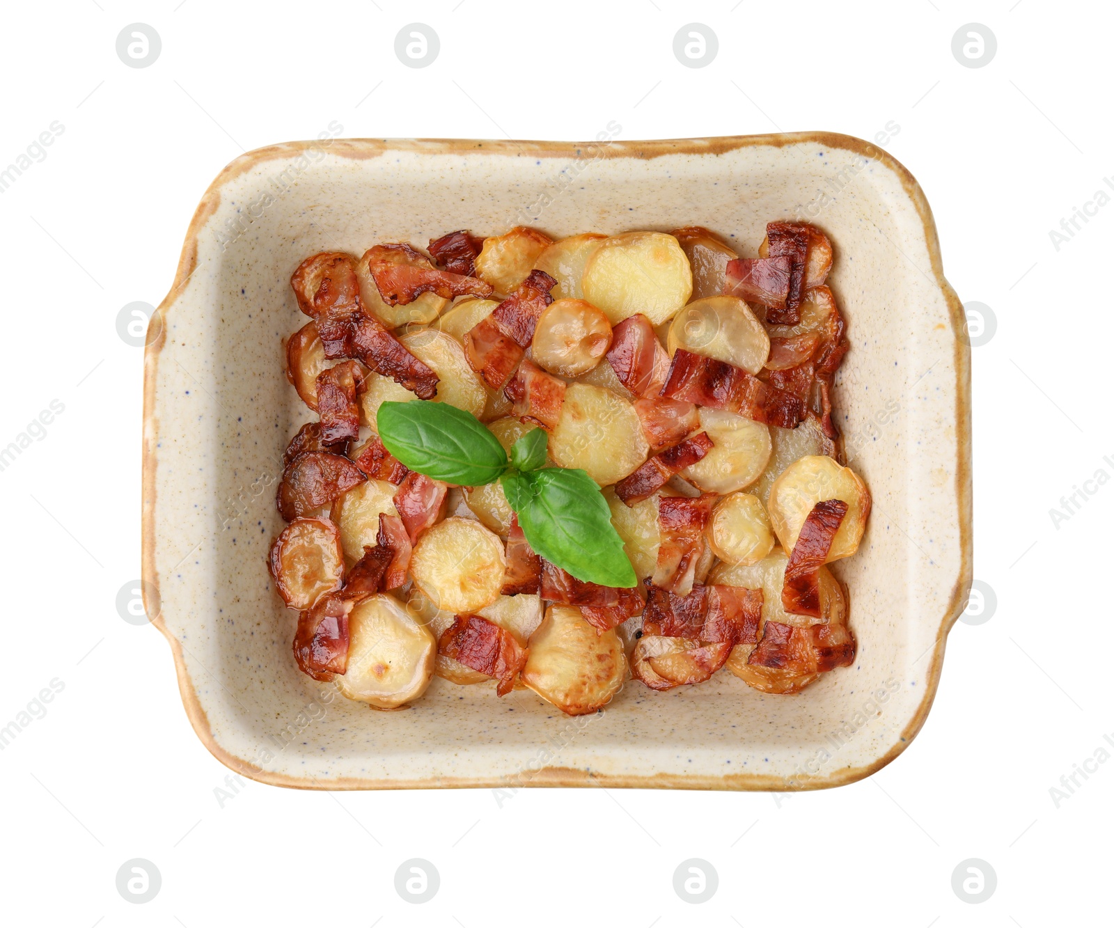 Photo of Delicious baked potatoes, bacon and basil in baking dish on white background, top view